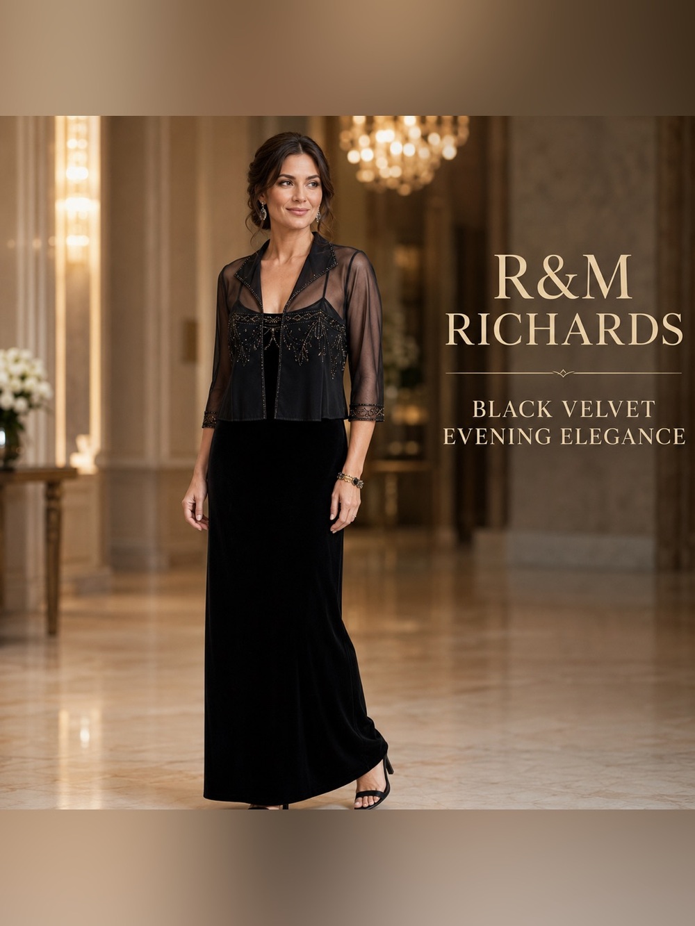 R&M Richards Black Velvet Maxi with Sheer Beaded Jacket